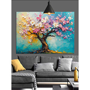 Pembe Çiçek Ağaç Dekoratif Kanvas - Mdf Ahşap Tablo