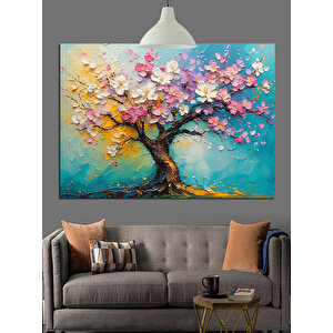 Pembe Çiçek Ağaç Dekoratif Kanvas - Mdf Ahşap Tablo