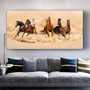 Koşan Atlar Kanvas Sanatı – Toz Bulutu Oluşturan At Sürüsü, Büyük Duvar Sanatı, Kanvas Tablo 50x100 cm