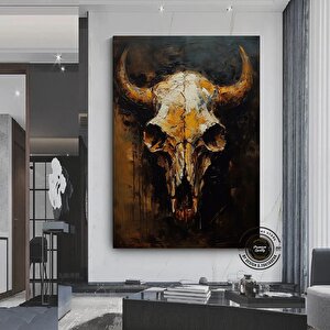 Vintage Tarzı Boğa Kafatası Kanvas Duvar Dekoru; Boğa Kafatası Duvar Dekoru; Longhorn Boğa Kafatası 80x120 cm