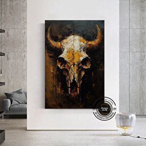 Vintage Tarzı Boğa Kafatası Kanvas Duvar Dekoru; Boğa Kafatası Duvar Dekoru; Longhorn Boğa Kafatası