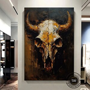 Vintage Tarzı Boğa Kafatası Kanvas Duvar Dekoru; Boğa Kafatası Duvar Dekoru; Longhorn Boğa Kafatası
