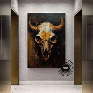 Vintage Tarzı Boğa Kafatası Kanvas Duvar Dekoru; Boğa Kafatası Duvar Dekoru; Longhorn Boğa Kafatası 100x150 cm