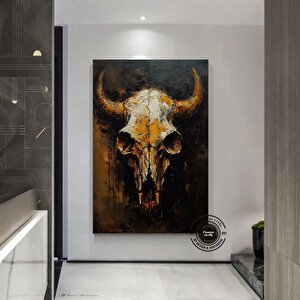 Vintage Tarzı Boğa Kafatası Kanvas Duvar Dekoru; Boğa Kafatası Duvar Dekoru; Longhorn Boğa Kafatası 90x180 cm