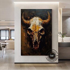 Vintage Tarzı Boğa Kafatası Kanvas Duvar Dekoru; Boğa Kafatası Duvar Dekoru; Longhorn Boğa Kafatası