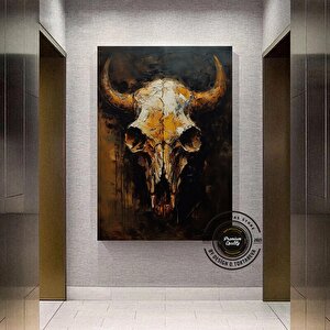 Vintage Tarzı Boğa Kafatası Kanvas Duvar Dekoru; Boğa Kafatası Duvar Dekoru; Longhorn Boğa Kafatası 40x60 cm