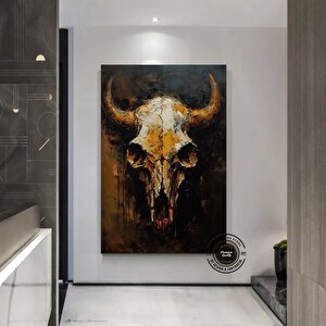 Vintage Tarzı Boğa Kafatası Kanvas Duvar Dekoru; Boğa Kafatası Duvar Dekoru; Longhorn Boğa Kafatası 80x160 cm