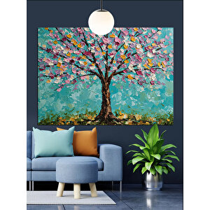 Renkli Çiçekli Ağaç Dekoratif Kanvas - Mdf Ahşap Tablo 70x100 cm