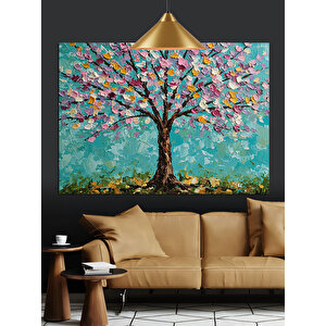 Renkli Çiçekli Ağaç Dekoratif Kanvas - Mdf Ahşap Tablo 70x100 cm