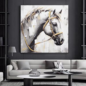 Geometrik Soyut Kanvas Yağlı Boya; Altın Nakışlı At; Hayvan Duvar Baskısı; Soyut Duvar Sanatı 80x80 cm