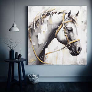 Geometrik Soyut Kanvas Yağlı Boya; Altın Nakışlı At; Hayvan Duvar Baskısı; Soyut Duvar Sanatı 70x70 cm