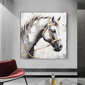 Geometrik Soyut Kanvas Yağlı Boya; Altın Nakışlı At; Hayvan Duvar Baskısı; Soyut Duvar Sanatı 70x70 cm