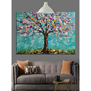Renkli Çiçekli Ağaç Dekoratif Kanvas - Mdf Ahşap Tablo