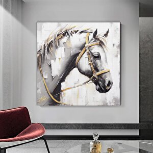 Geometrik Soyut Kanvas Yağlı Boya; Altın Nakışlı At; Hayvan Duvar Baskısı; Soyut Duvar Sanatı 50x50 cm