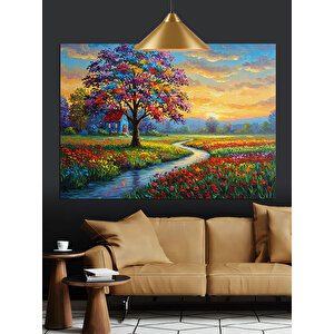 Renkli Yol Ve Çiçekli Ağaç Dekoratif Kanvas - Mdf Ahşap Tablo 70x100 cm