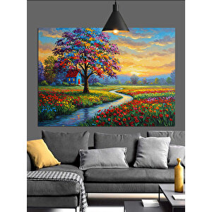 Renkli Yol Ve Çiçekli Ağaç Dekoratif Kanvas - Mdf Ahşap Tablo 70x100 cm