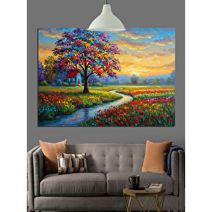 Renkli Yol Ve Çiçekli Ağaç Dekoratif Kanvas - Mdf Ahşap Tablo 70x100 cm