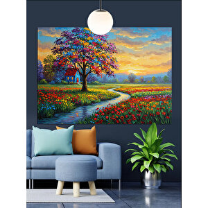 Renkli Yol Ve Çiçekli Ağaç Dekoratif Kanvas - Mdf Ahşap Tablo
