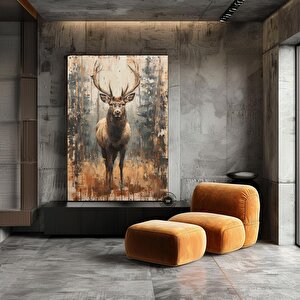 Geyik Kanvası, Geyik Portresi, Rustik Doğa Temalı Duvar Sanatı, Asılmaya Hazır 70x150 cm