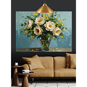 Vazoda Beyaz Çiçekler Dekoratif Kanvas - Mdf Ahşap Tablo