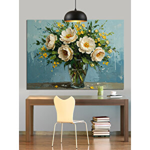 Vazoda Beyaz Çiçekler Dekoratif Kanvas - Mdf Ahşap Tablo 50x70 cm
