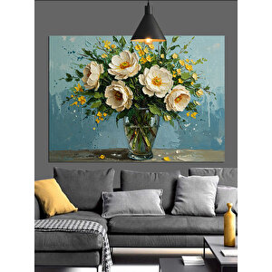 Vazoda Beyaz Çiçekler Dekoratif Kanvas - Mdf Ahşap Tablo