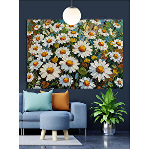 Beyaz Çiçeklerle Papatya Tarlası Dekoratif Kanvas - Mdf Ahşap Tablo 70x100 cm