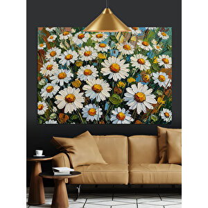 Beyaz Çiçeklerle Papatya Tarlası Dekoratif Kanvas - Mdf Ahşap Tablo 70x100 cm