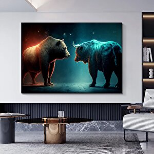 Boğa Ve Ayı Kanvas Duvar Dekoru, Boğa Ve Ayı Baskı Sanatı 90x150 cm