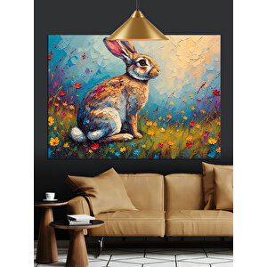 Çiçekler İçinde Sevimli Tavşan Dekoratif Kanvas - Mdf Ahşap Tablo