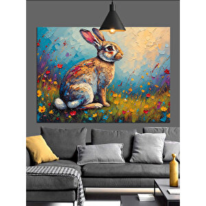 Çiçekler İçinde Sevimli Tavşan Dekoratif Kanvas - Mdf Ahşap Tablo