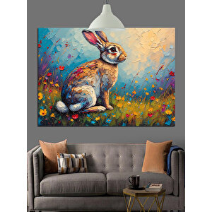 Çiçekler İçinde Sevimli Tavşan Dekoratif Kanvas - Mdf Ahşap Tablo 70x100 cm
