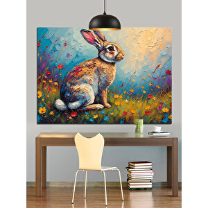 Çiçekler İçinde Sevimli Tavşan Dekoratif Kanvas - Mdf Ahşap Tablo 70x100 cm