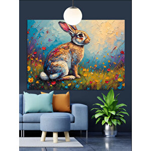 Çiçekler İçinde Sevimli Tavşan Dekoratif Kanvas - Mdf Ahşap Tablo 70x100 cm