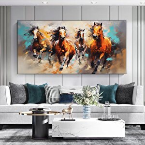 Büyük Boy Modern Soyut Altın Geometrik Hayvanlar, Koşan Atlar Temalı Duvar Tablosu 75x150 cm