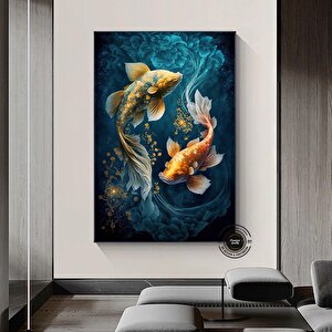 Koi Balığı Kanvas Duvar Sanatı, İki Koi Balığı Doğa Duvar Sanatı, Japon Koi Balığı Büyük Kanvas 80x160 cm