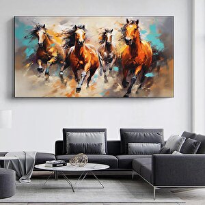 Büyük Boy Modern Soyut Altın Geometrik Hayvanlar, Koşan Atlar Temalı Duvar Tablosu 90x180 cm
