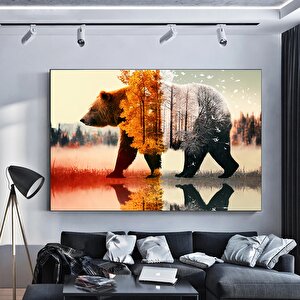 Ayı Temalı Kanvas Tablo, Ağaç Ve Doğa Manzaralı, Asılmaya Hazır Modern Duvar Dekoru 150x290 cm