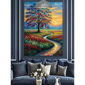Renkli Çiçekli Yol Ve Ağaç Dekoratif Kanvas - Mdf Ahşap Tablo 25x35 cm