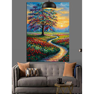 Renkli Çiçekli Yol Ve Ağaç Dekoratif Kanvas - Mdf Ahşap Tablo