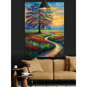 Renkli Çiçekli Yol Ve Ağaç Dekoratif Kanvas - Mdf Ahşap Tablo 70x100 cm