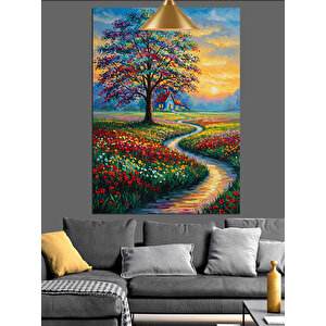 Renkli Çiçekli Yol Ve Ağaç Dekoratif Kanvas - Mdf Ahşap Tablo 70x100 cm
