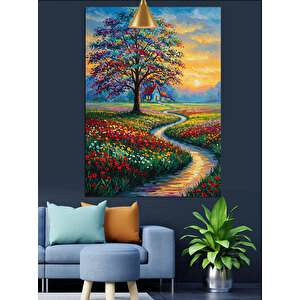Renkli Çiçekli Yol Ve Ağaç Dekoratif Kanvas - Mdf Ahşap Tablo