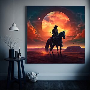 Kovboy Duvar Dekoru; Vahşi Atlar Kanvası; Batı Temalı Ev Dekoru 120x120 cm