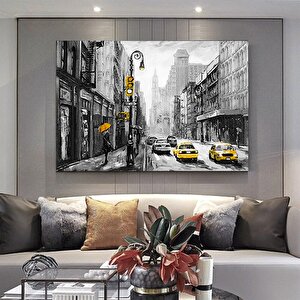 Sarı Taksi Soyut Manzara Posteri; Kanvas Baskı; Yağlı Boya; New York Ve Paris Şehir Manzaralı; Oturm 150x250 cm