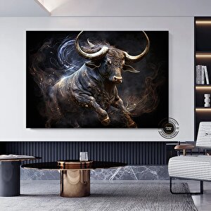 Boğa Kanvas Sanatı - Altın & Siyah Şarj Eden Boğa - Finans Bölgesi Duvar Dekoru 120x180 cm