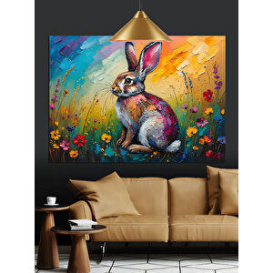 Çiçekler Arasında Sevimli Tavşan Dekoratif Kanvas - Mdf Ahşap Tablo 35x50 cm