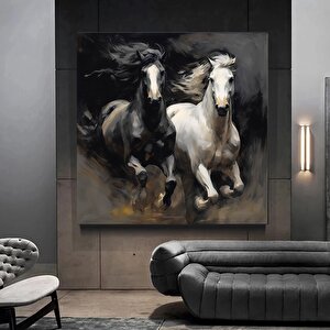 İki At Kanvası, At Kanvas Sanatı, Hayvan Duvar Sanatı, Kanvas Duvar Sanatı, Modern Duvar Sanatı 70x70 cm