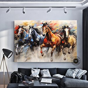 Ekstra Büyük Modern Soyut Geometri Kanvas Tablo; Altın Unsurlu Koşan Atlar; Duvar Dekoru