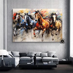 Ekstra Büyük Modern Soyut Geometri Kanvas Tablo; Altın Unsurlu Koşan Atlar; Duvar Dekoru